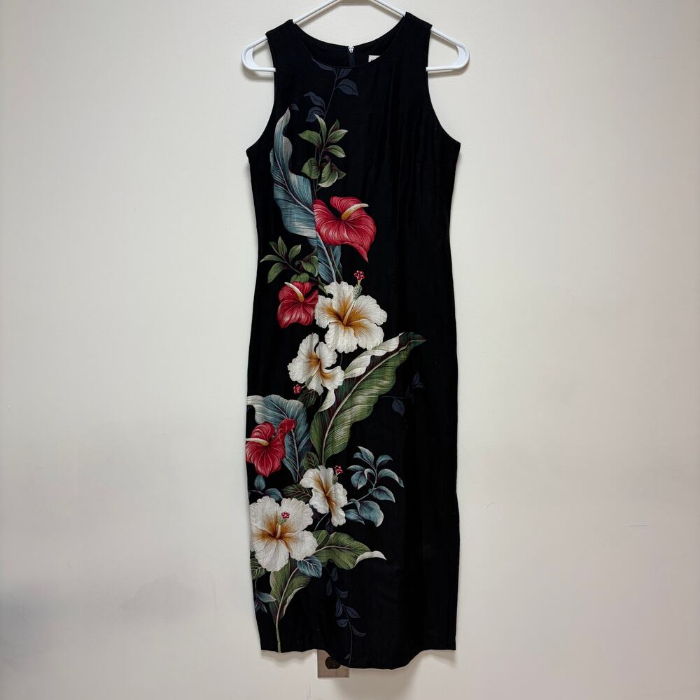 VTG Iolani Hawaii Black Hibiscus Floral Maxi Dress Sleeveless Tropical Small